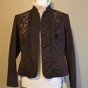 Talbots Brown Suit Jacket with Embroidery and Stand-Up Collar
